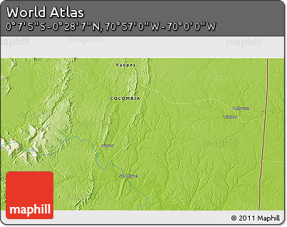 Physical 3D Map of the Area around 0° 10' 31" N, 70° 28' 29" W