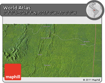Satellite 3D Map of the Area around 0° 10' 31" N, 70° 28' 29" W