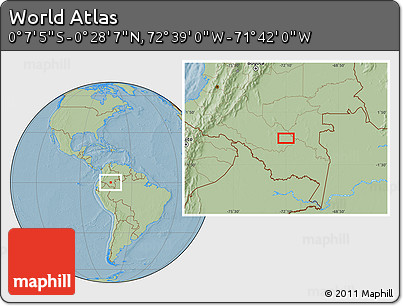 Savanna Style Location Map of the Area around 0° 10' 31" N, 72° 10' 30" W, hill shading