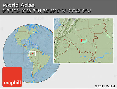 Savanna Style Location Map of the Area around 0° 10' 31" N, 72° 10' 30" W, hill shading