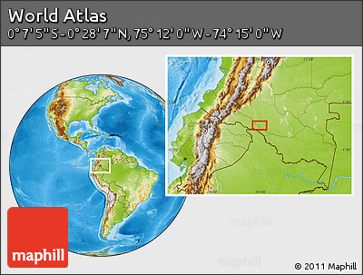 Physical Location Map of the Area around 0° 10' 31" N, 74° 43' 29" W