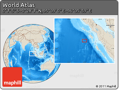 Shaded Relief Location Map of the Area around 0° 10' 31" N, 96° 7' 30" E