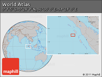 Gray Location Map of the Area around 0° 10' 31" N, 96° 58' 29" E