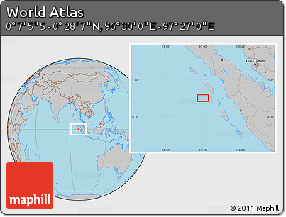 Gray Location Map of the Area around 0° 10' 31" N, 96° 58' 29" E