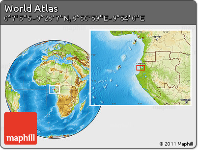 Physical Location Map of the Area around 0° 10' 31" N, 9° 25' 30" E