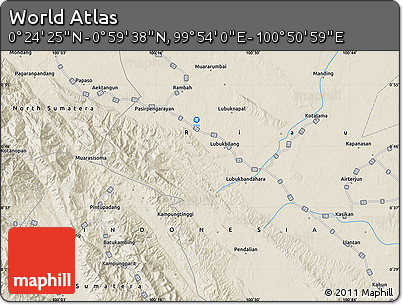 Shaded Relief Map of the Area around 0° 42' 2" N, 100° 22' 30" E