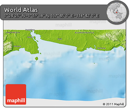 Physical 3D Map of the Area around 0° 42' 2" N, 118° 13' 29" E