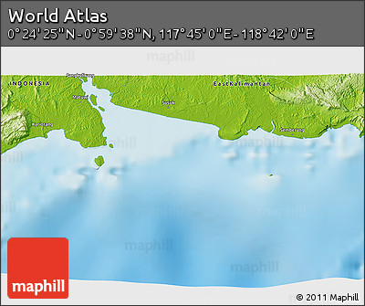 Physical 3D Map of the Area around 0° 42' 2" N, 118° 13' 29" E