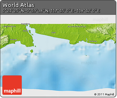 Physical 3D Map of the Area around 0° 42' 2" N, 118° 13' 29" E