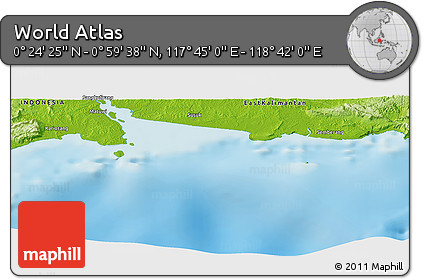 Physical Panoramic Map of the Area around 0° 42' 2" N, 118° 13' 29" E