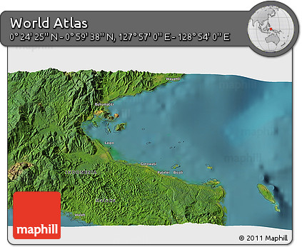 Satellite 3D Map of the Area around 0° 42' 2" N, 128° 25' 30" E