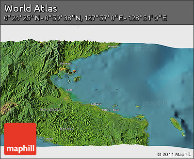 Satellite 3D Map of the Area around 0° 42' 2" N, 128° 25' 30" E