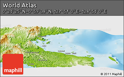 Physical Panoramic Map of the Area around 0° 42' 2" N, 128° 25' 30" E