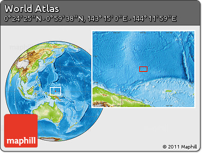 Physical Location Map of the Area around 0° 42' 2" N, 143° 43' 29" E