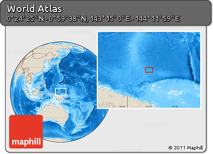 Shaded Relief Location Map of the Area around 0° 42' 2" N, 143° 43' 29" E
