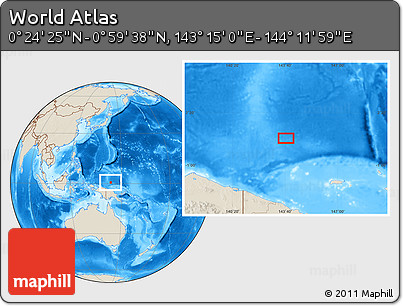 Shaded Relief Location Map of the Area around 0° 42' 2" N, 143° 43' 29" E