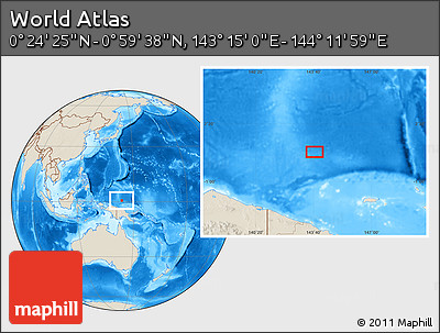 Shaded Relief Location Map of the Area around 0° 42' 2" N, 143° 43' 29" E