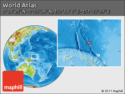 Physical Location Map of the Area around 0° 42' 2" N, 151° 22' 30" E