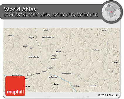 Shaded Relief 3D Map of the Area around 0° 42' 2" N, 23° 1' 29" E
