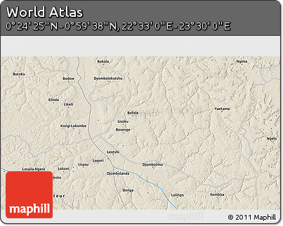 Shaded Relief 3D Map of the Area around 0° 42' 2" N, 23° 1' 29" E