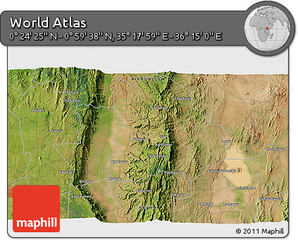 Satellite 3D Map of the Area around 0° 42' 2" N, 35° 46' 29" E