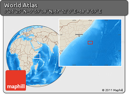 Shaded Relief Location Map of the Area around 0° 42' 2" N, 47° 40' 29" E