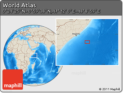 Shaded Relief Location Map of the Area around 0° 42' 2" N, 47° 40' 29" E
