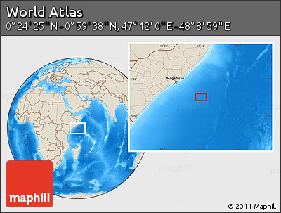 Shaded Relief Location Map of the Area around 0° 42' 2" N, 47° 40' 29" E