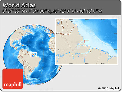 Shaded Relief Location Map of the Area around 0° 42' 2" N, 49° 13' 30" W
