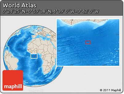 Shaded Relief Location Map of the Area around 0° 42' 2" N, 4° 10' 30" W