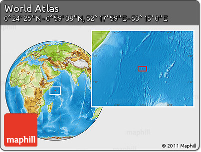 Physical Location Map of the Area around 0° 42' 2" N, 52° 46' 29" E