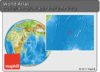 Physical Location Map of the Area around 0° 42' 2" N, 53° 37' 30" E