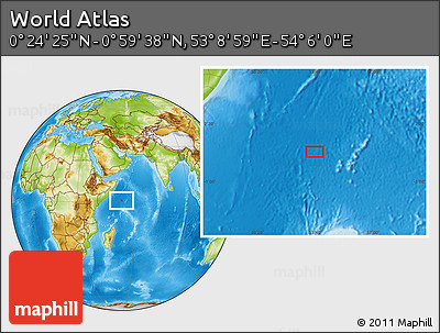 Physical Location Map of the Area around 0° 42' 2" N, 53° 37' 30" E