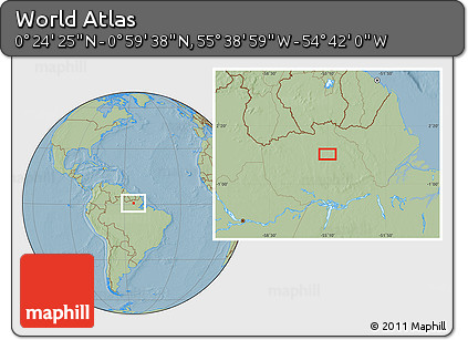 Savanna Style Location Map of the Area around 0° 42' 2" N, 55° 10' 29" W, hill shading