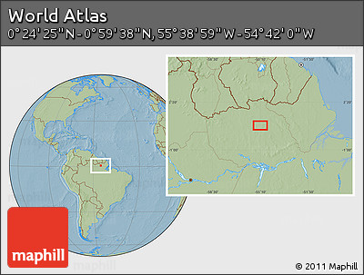Savanna Style Location Map of the Area around 0° 42' 2" N, 55° 10' 29" W, hill shading