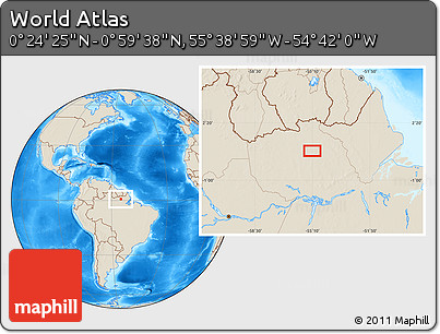 Shaded Relief Location Map of the Area around 0° 42' 2" N, 55° 10' 29" W