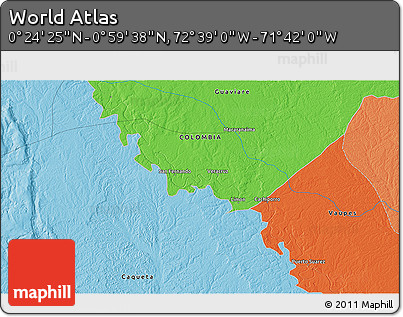 Political 3D Map of the Area around 0° 42' 2" N, 72° 10' 30" W