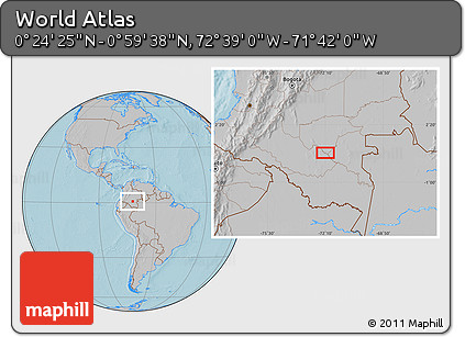 Gray Location Map of the Area around 0° 42' 2" N, 72° 10' 30" W, hill shading