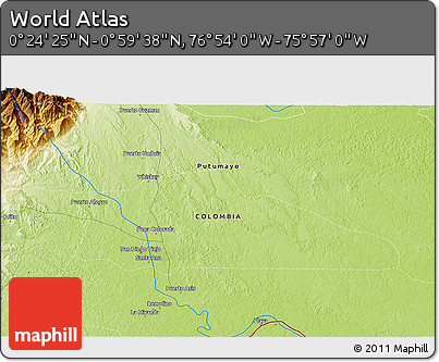 Physical 3D Map of the Area around 0° 42' 2" N, 76° 25' 30" W
