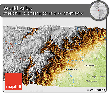 Physical 3D Map of the Area around 0° 42' 2" N, 77° 16' 30" W