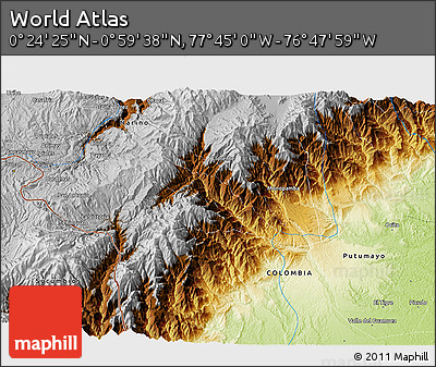Physical 3D Map of the Area around 0° 42' 2" N, 77° 16' 30" W