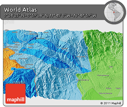 Political 3D Map of the Area around 0° 42' 2" N, 77° 16' 30" W