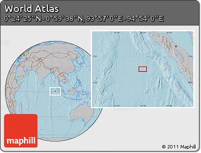 Gray Location Map of the Area around 0° 42' 2" N, 94° 25' 30" E, hill shading