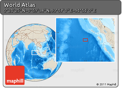 Shaded Relief Location Map of the Area around 0° 42' 2" N, 94° 25' 30" E