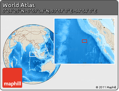 Shaded Relief Location Map of the Area around 0° 42' 2" N, 94° 25' 30" E