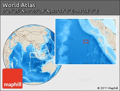 Shaded Relief Location Map of the Area around 0° 42' 2" N, 94° 25' 30" E