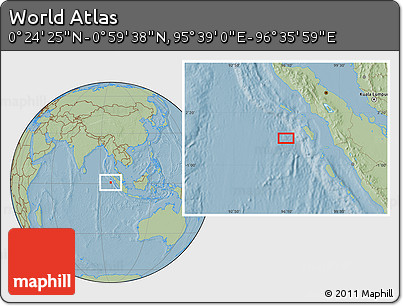 Savanna Style Location Map of the Area around 0° 42' 2" N, 96° 7' 30" E, hill shading