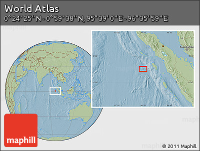 Savanna Style Location Map of the Area around 0° 42' 2" N, 96° 7' 30" E, hill shading