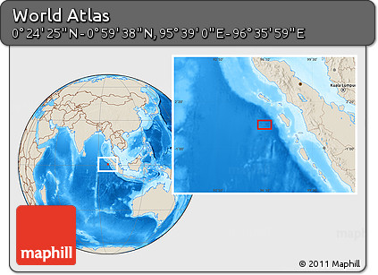Shaded Relief Location Map of the Area around 0° 42' 2" N, 96° 7' 30" E