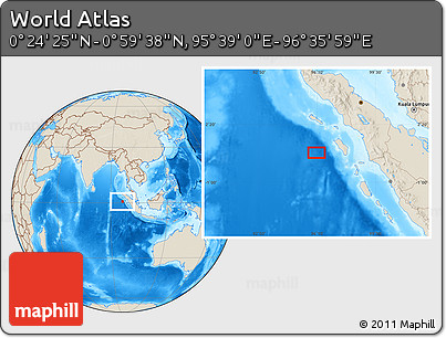 Shaded Relief Location Map of the Area around 0° 42' 2" N, 96° 7' 30" E